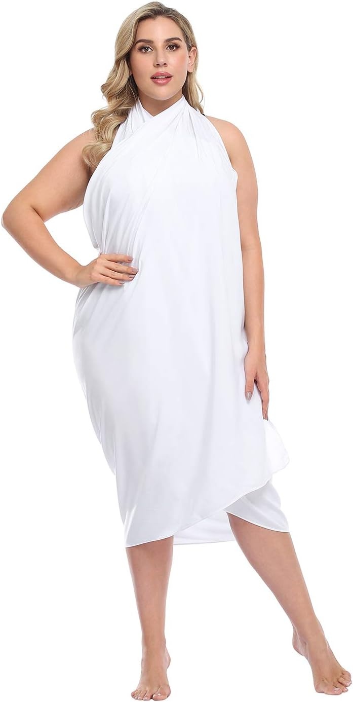 image:imageHDE Plus Size UPF 30 Pareo Swimsuit Cover Up Fringeless Sarong Sun Shawl Beach Sarong Wrap Convertible Sun Protection BlanketWhite