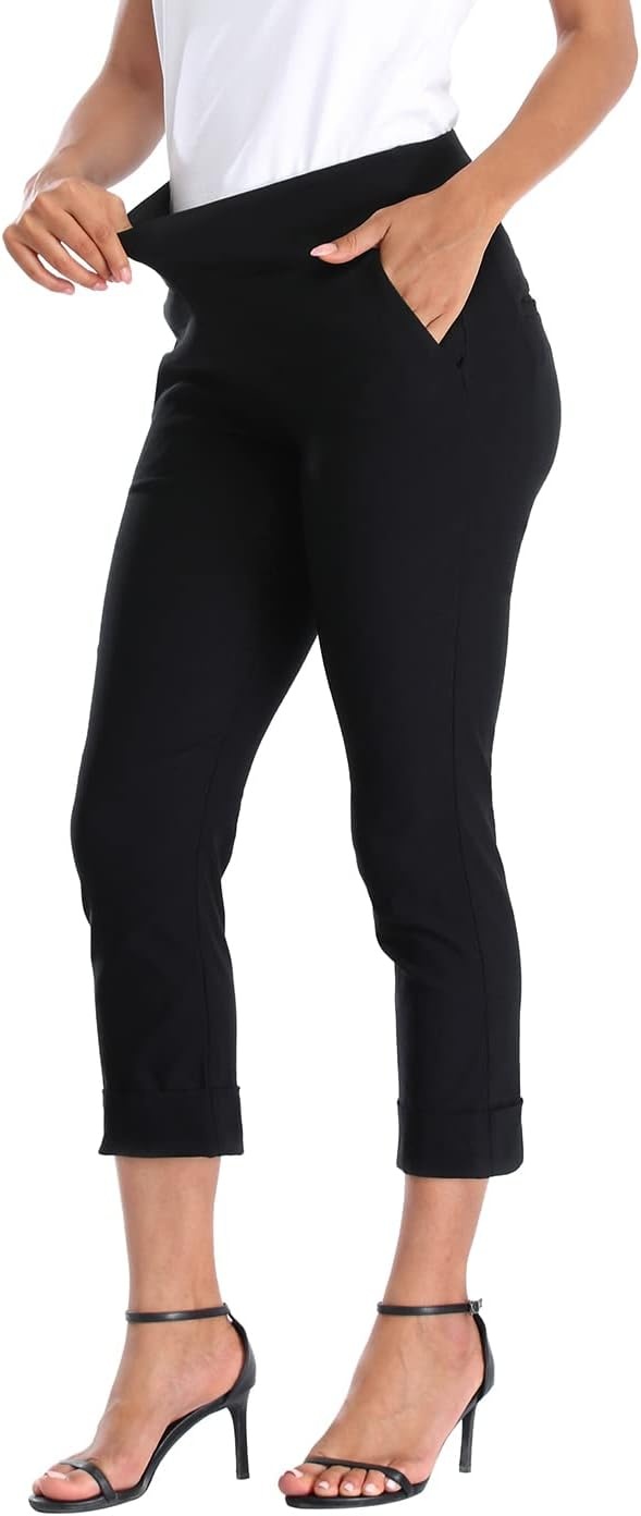image:imageHDE Pull On Capri Pants for Women with Pockets Elastic Waist Cropped Work PantsBlack