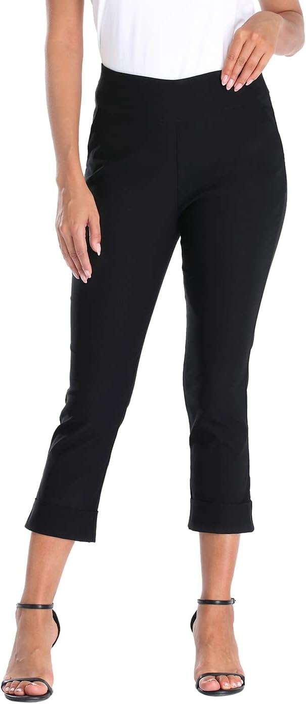image:imageHDE Pull On Capri Pants for Women with Pockets Elastic Waist Cropped Work PantsBlack