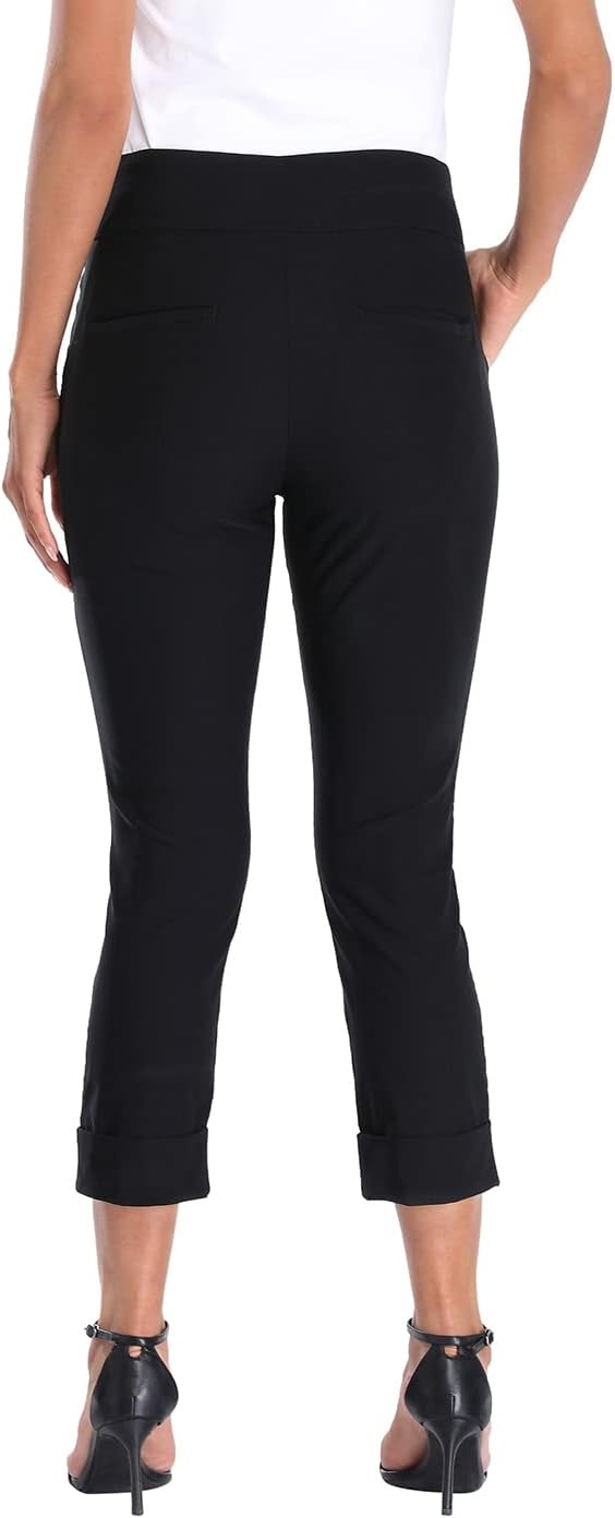image:imageHDE Pull On Capri Pants for Women with Pockets Elastic Waist Cropped Work PantsBlack