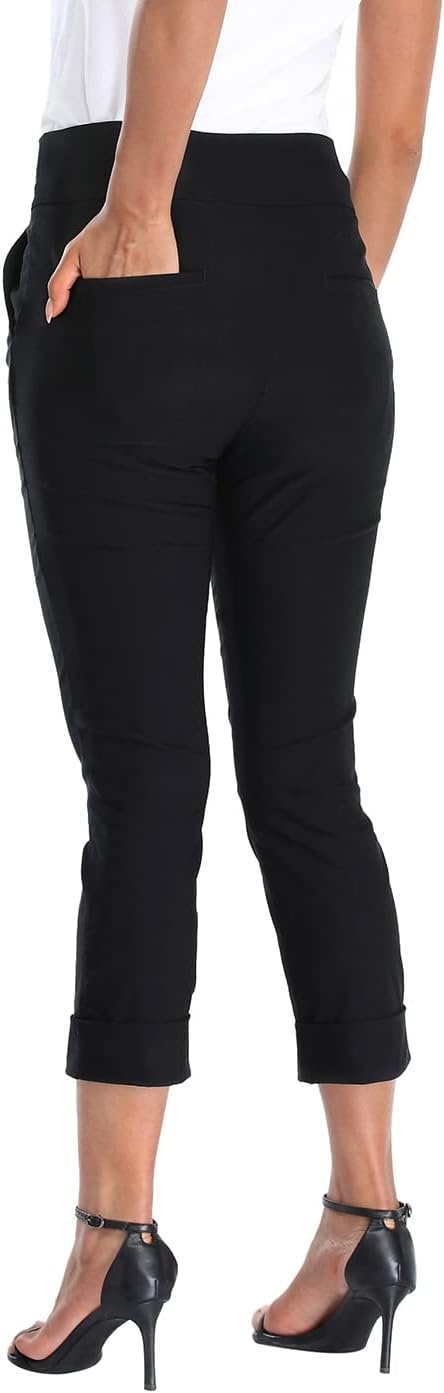 image:imageHDE Pull On Capri Pants for Women with Pockets Elastic Waist Cropped Work PantsBlack