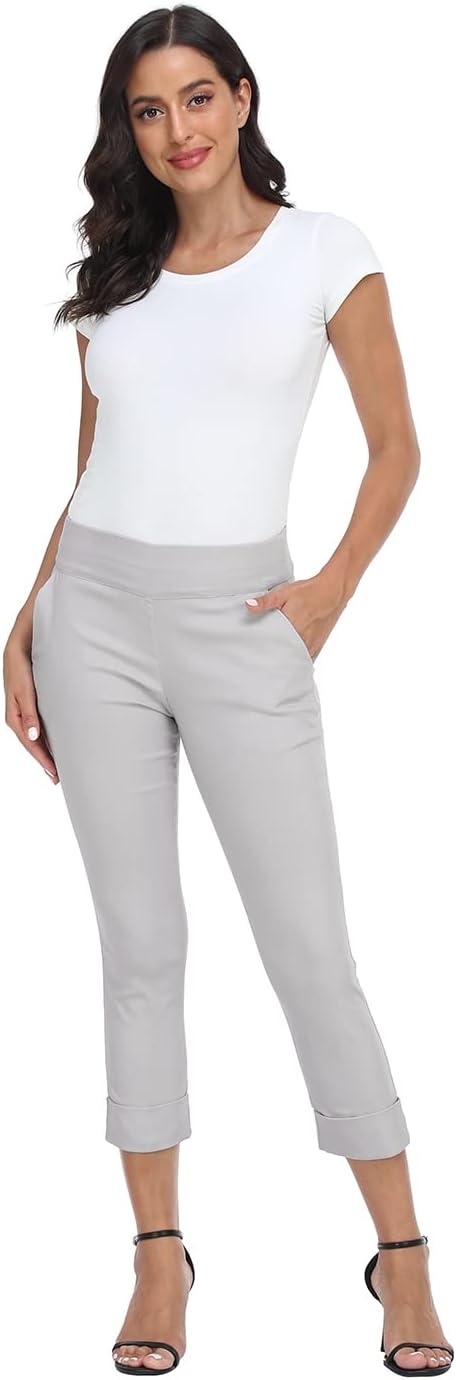 image:imageHDE Pull On Capri Pants for Women with Pockets Elastic Waist Cropped Work PantsCool Gray