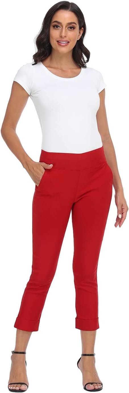 image:imageHDE Pull On Capri Pants for Women with Pockets Elastic Waist Cropped Work PantsRed