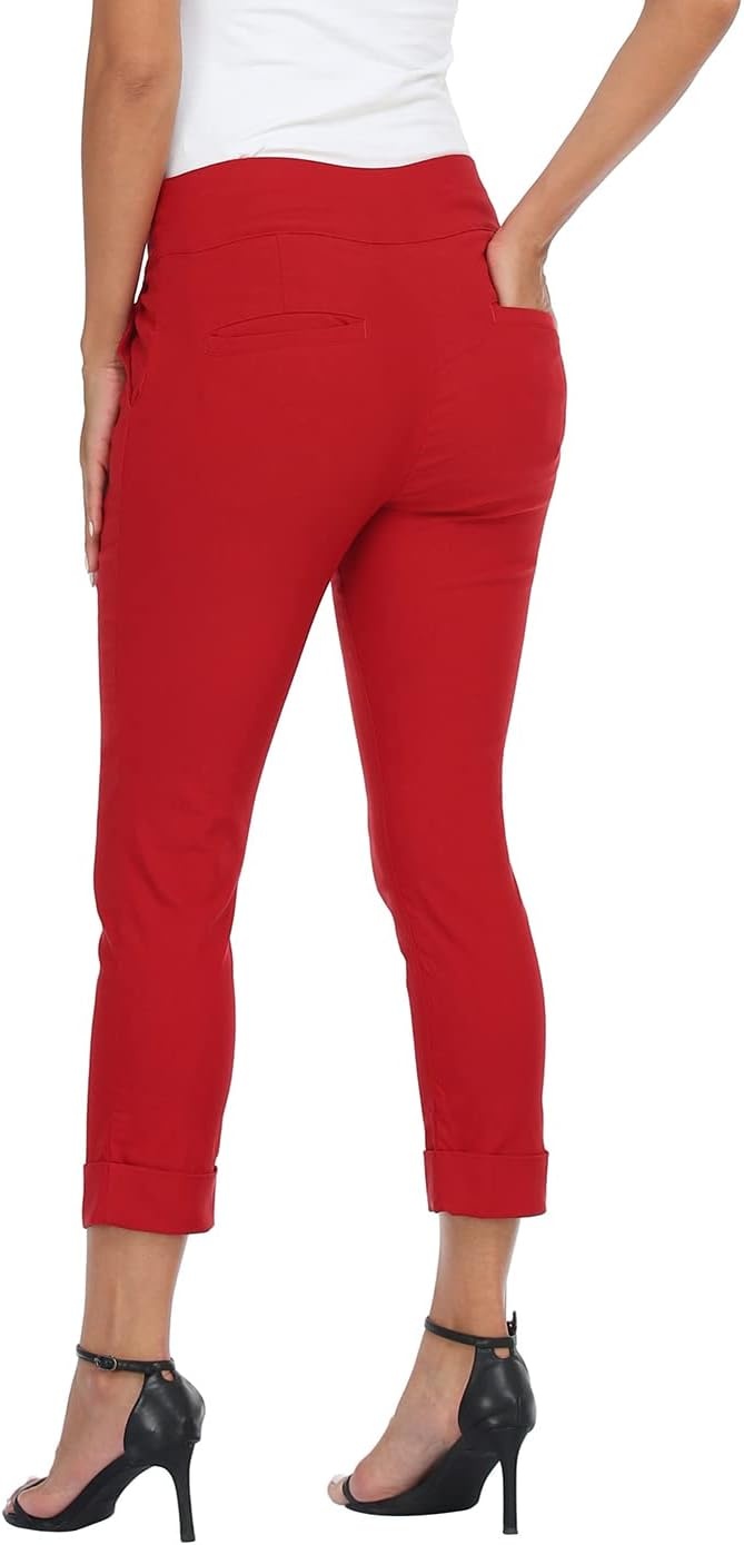 image:imageHDE Pull On Capri Pants for Women with Pockets Elastic Waist Cropped Work PantsRed