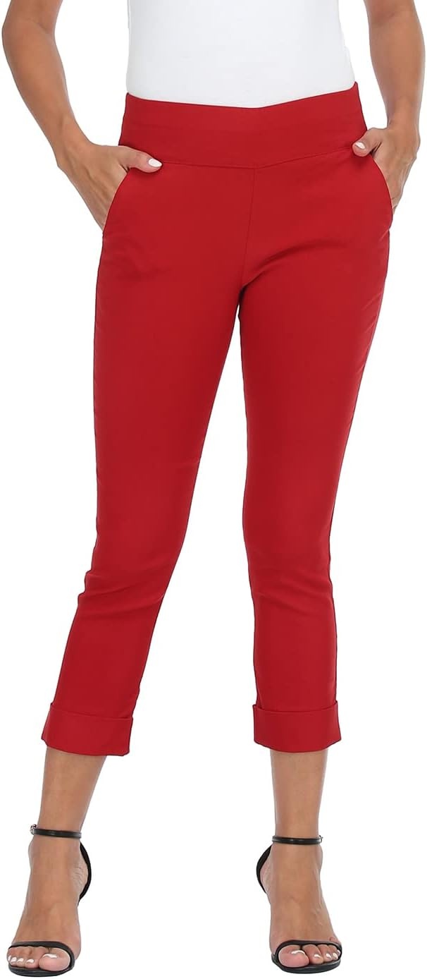 image:imageHDE Pull On Capri Pants for Women with Pockets Elastic Waist Cropped Work PantsRed