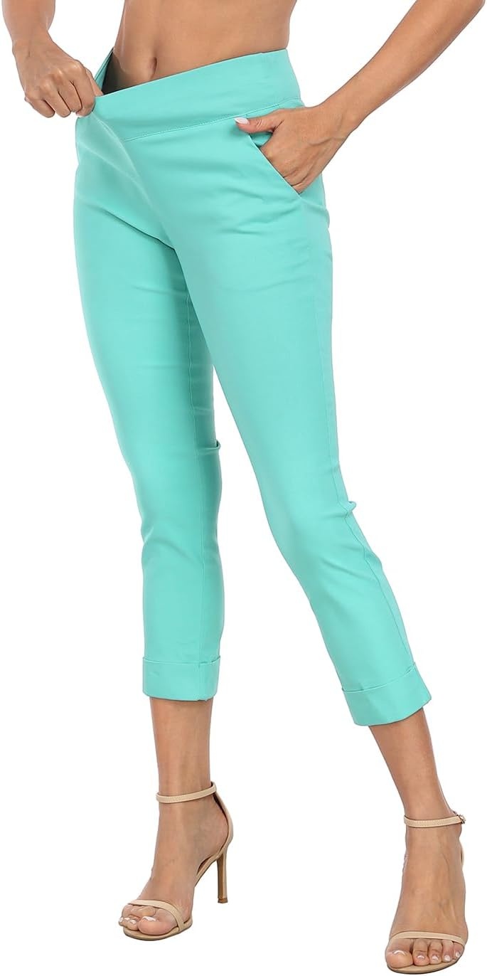 image:imageHDE Pull On Capri Pants for Women with Pockets Elastic Waist Cropped Work PantsTurquoise