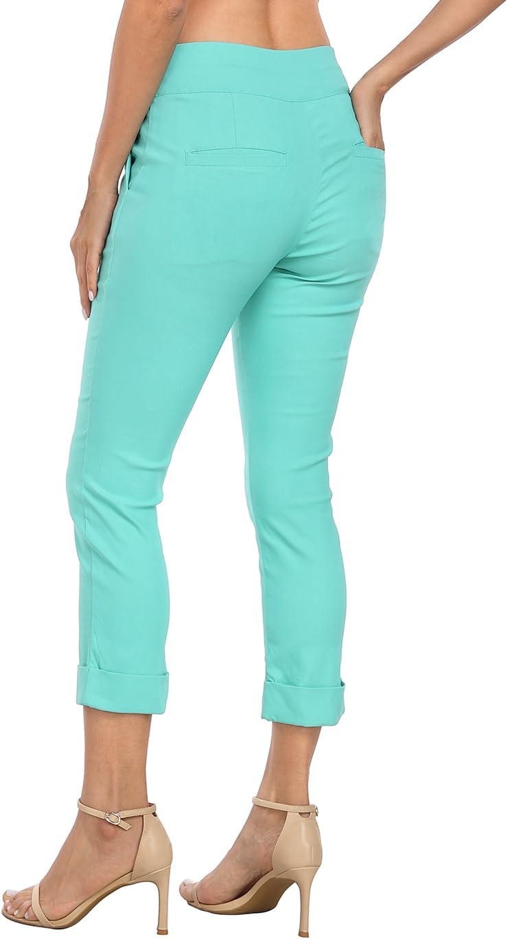 image:imageHDE Pull On Capri Pants for Women with Pockets Elastic Waist Cropped Work PantsTurquoise