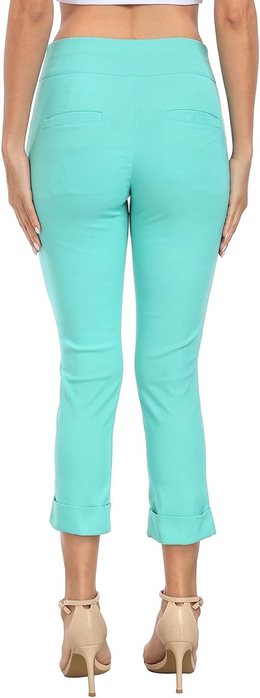 image:imageHDE Pull On Capri Pants for Women with Pockets Elastic Waist Cropped Work PantsTurquoise