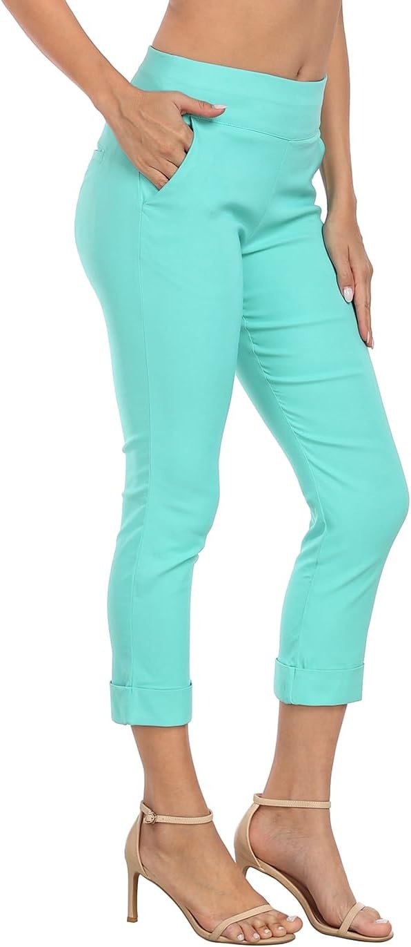 image:imageHDE Pull On Capri Pants for Women with Pockets Elastic Waist Cropped Work PantsTurquoise
