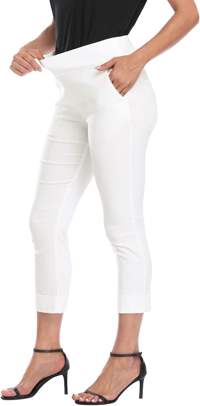 image:imageHDE Pull On Capri Pants for Women with Pockets Elastic Waist Cropped Work PantsWhite