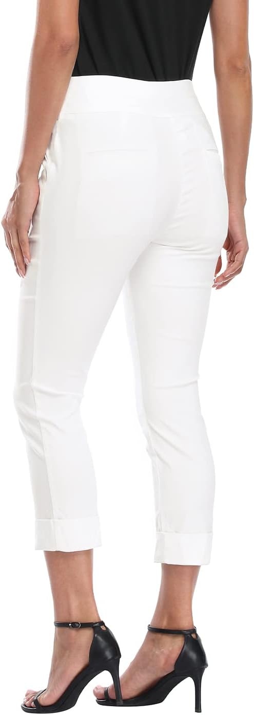 image:imageHDE Pull On Capri Pants for Women with Pockets Elastic Waist Cropped Work PantsWhite