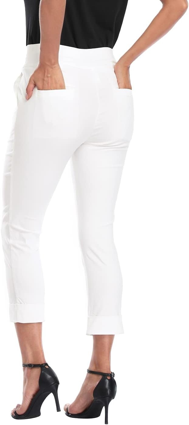 image:imageHDE Pull On Capri Pants for Women with Pockets Elastic Waist Cropped Work PantsWhite