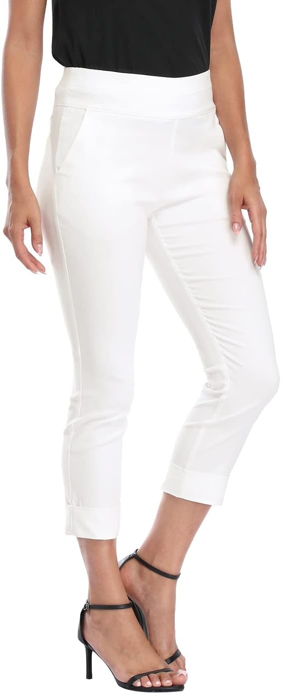 image:imageHDE Pull On Capri Pants for Women with Pockets Elastic Waist Cropped Work PantsWhite