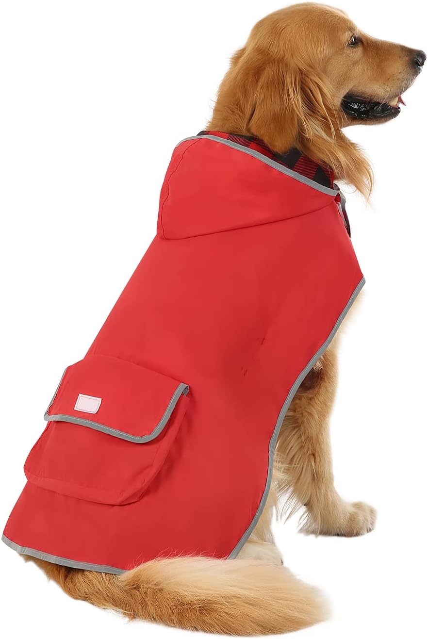 image:imageHDE Reversible Dog Raincoat Hooded Slicker Poncho Rain Coat Jacket for Small Medium Large Dogs Buffalo Plaid Red SBuffalo Plaid Red