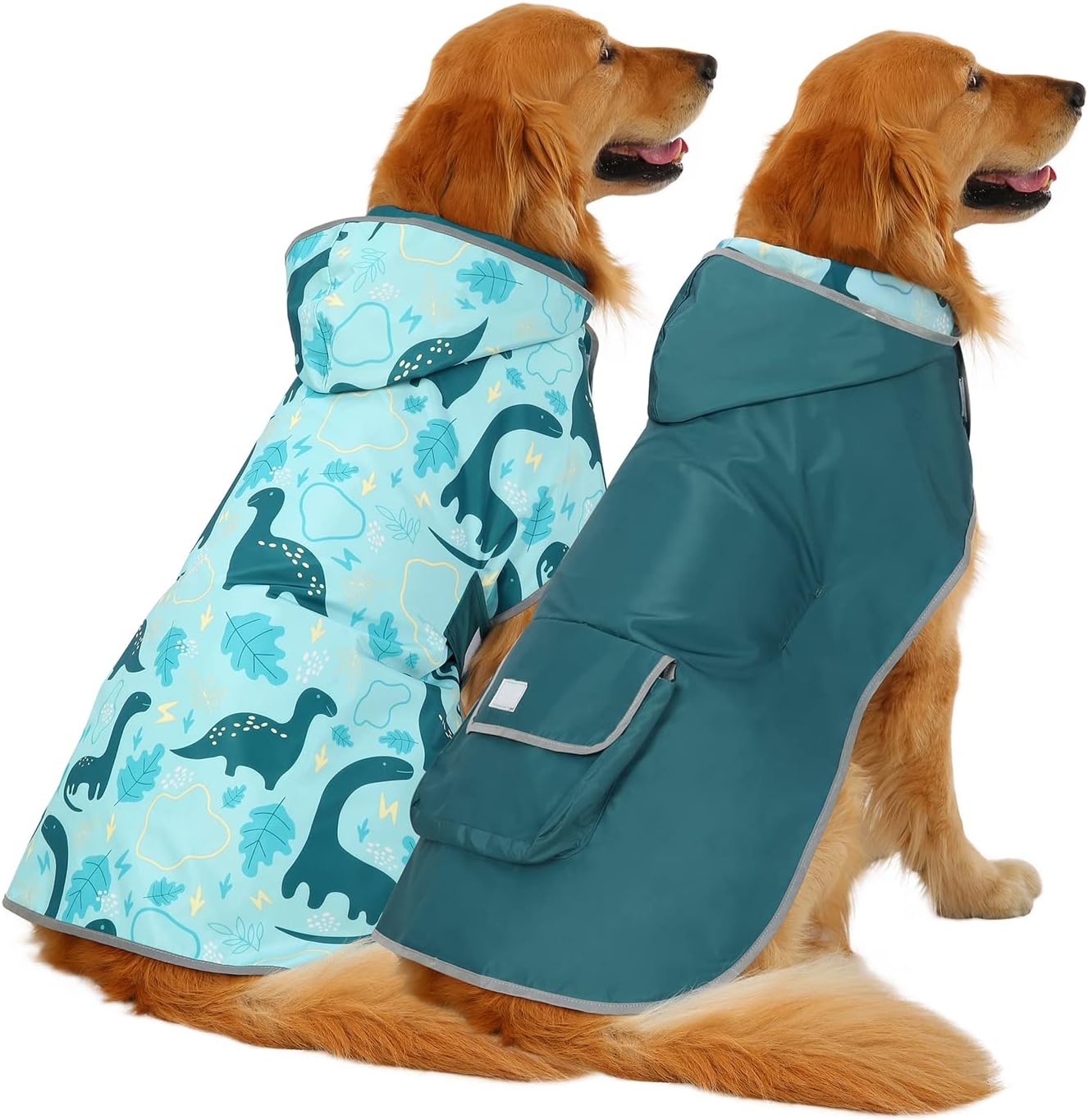 image:imageHDE Reversible Dog Raincoat Hooded Slicker Poncho Rain Coat Jacket for Small Medium Large Dogs Buffalo Plaid Red SDinosaurs