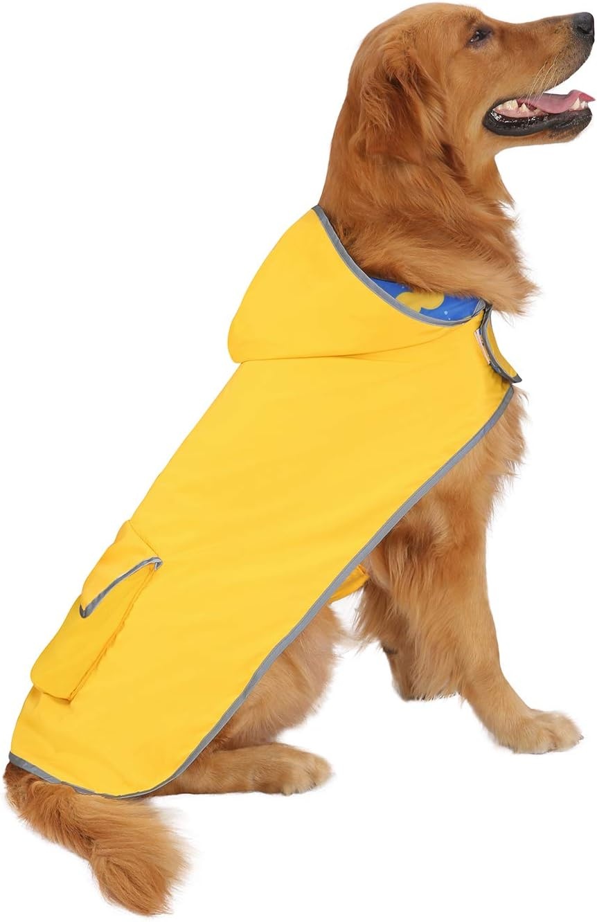 image:imageHDE Reversible Dog Raincoat Hooded Slicker Poncho Rain Coat Jacket for Small Medium Large Dogs Buffalo Plaid Red SDucks Yellow