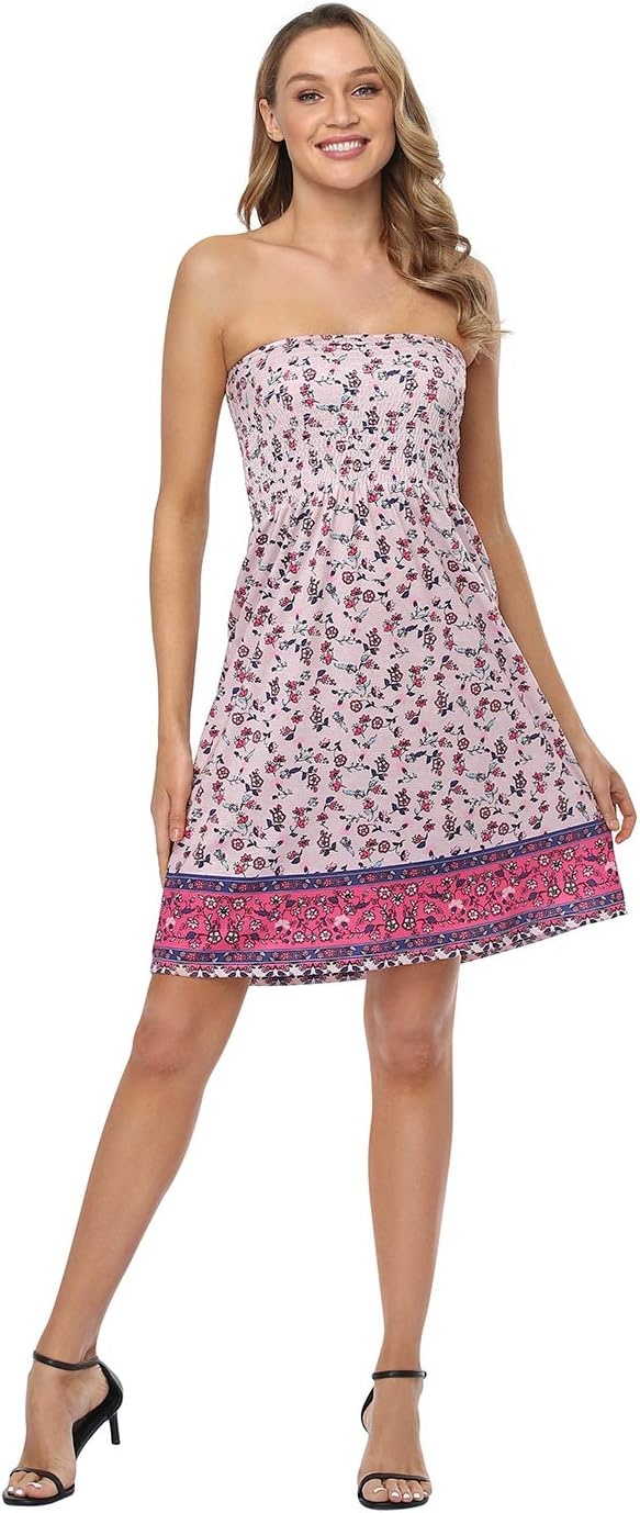 image:imageHDE Strapless Mini Tube Top Sundress Short Smocked Summer Beach Dress Aline Swing Boho Dress Travel Vacation Easy Cover UpBoho Floral