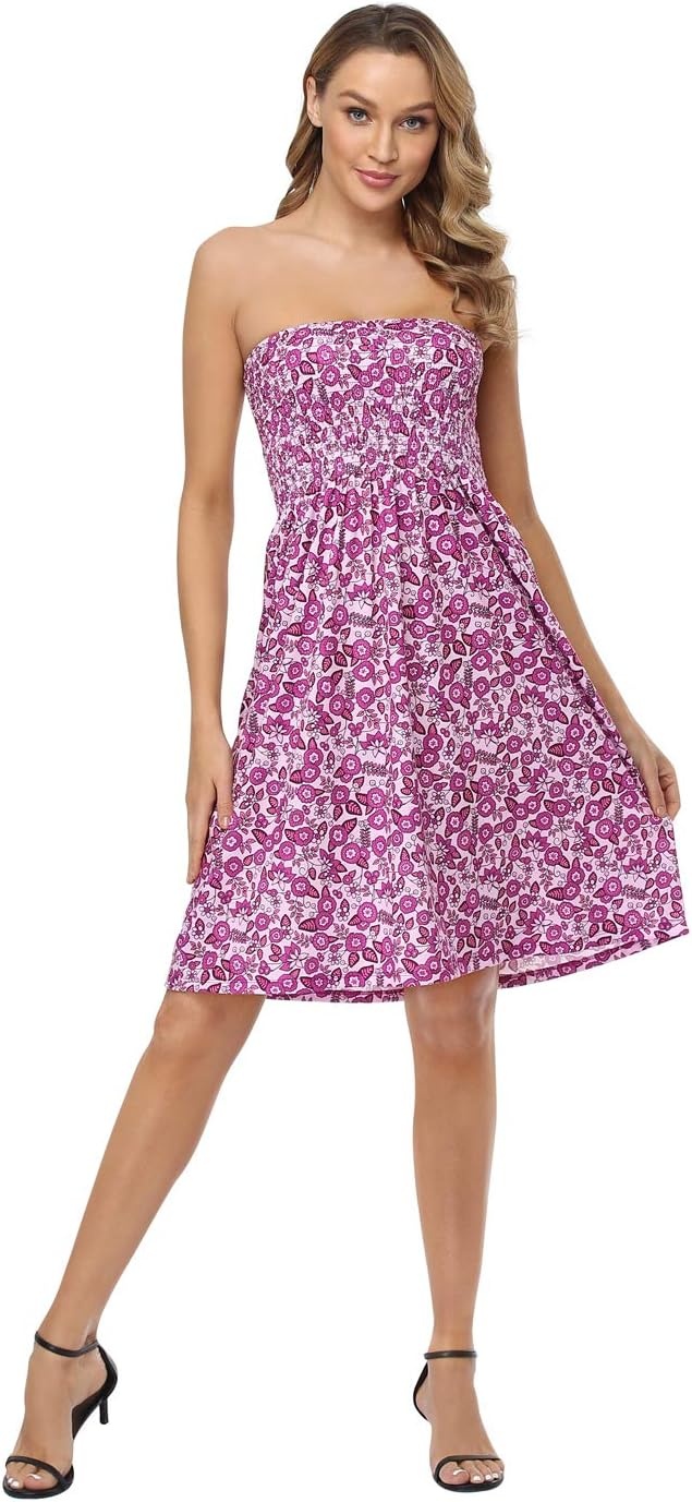 image:imageHDE Strapless Mini Tube Top Sundress Short Smocked Summer Beach Dress Aline Swing Boho Dress Travel Vacation Easy Cover UpLeafy Floral