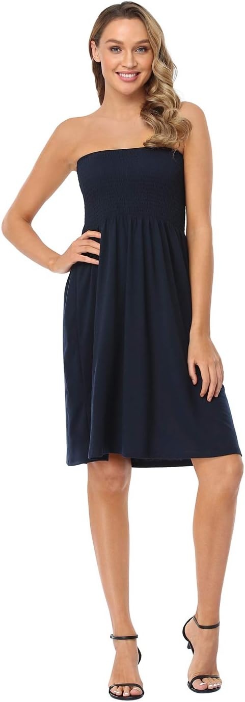 image:imageHDE Strapless Mini Tube Top Sundress Short Smocked Summer Beach Dress Aline Swing Boho Dress Travel Vacation Easy Cover UpNavy