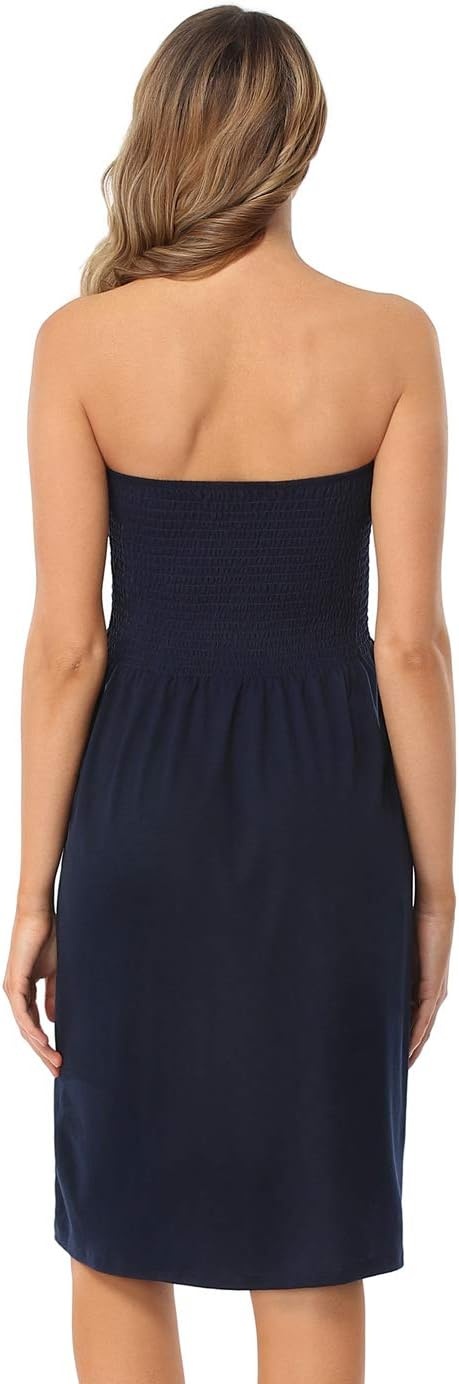 image:imageHDE Strapless Mini Tube Top Sundress Short Smocked Summer Beach Dress Aline Swing Boho Dress Travel Vacation Easy Cover UpNavy