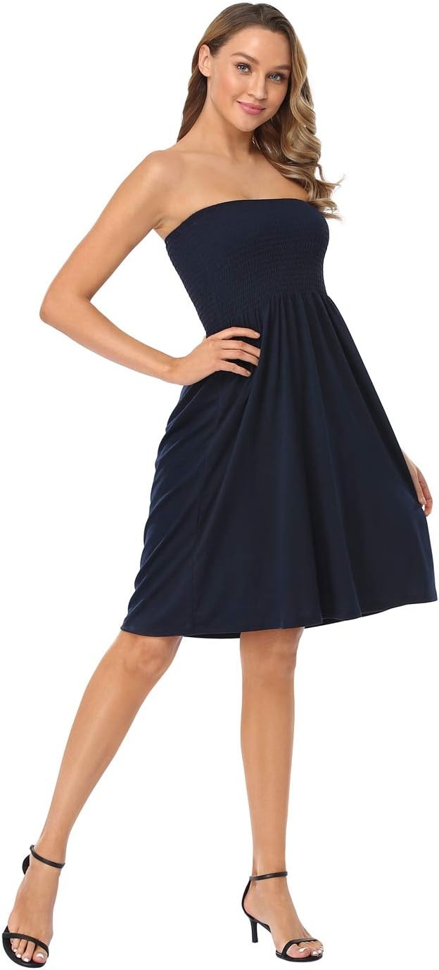 image:imageHDE Strapless Mini Tube Top Sundress Short Smocked Summer Beach Dress Aline Swing Boho Dress Travel Vacation Easy Cover UpNavy