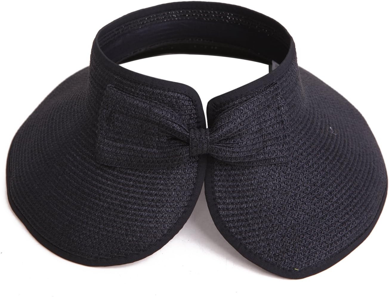 image:imageHDE Sun Visor for Women Roll Up Ponytail Hat Packable Beach Straw Visor Sun HatsBlack