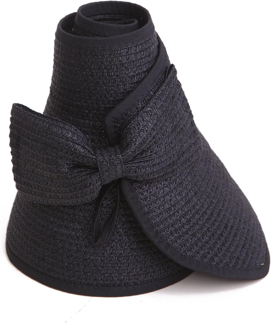 image:imageHDE Sun Visor for Women Roll Up Ponytail Hat Packable Beach Straw Visor Sun HatsBlack