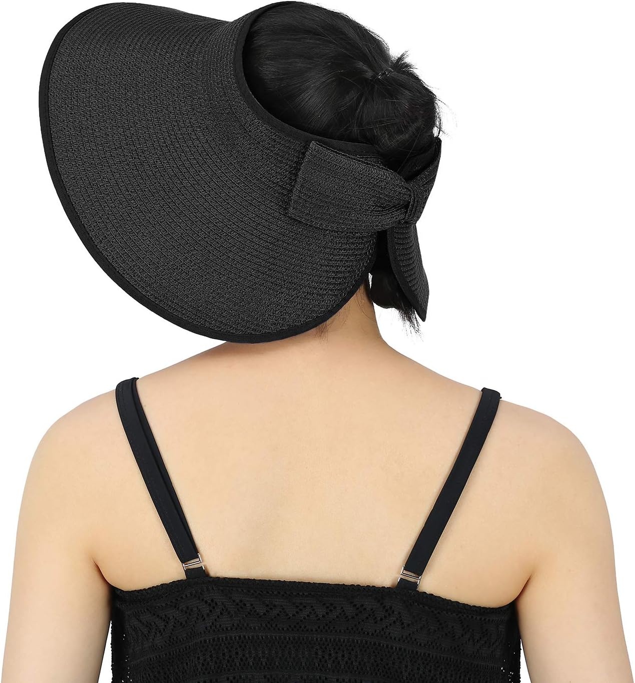 image:imageHDE Sun Visor for Women Roll Up Ponytail Hat Packable Beach Straw Visor Sun HatsBlack