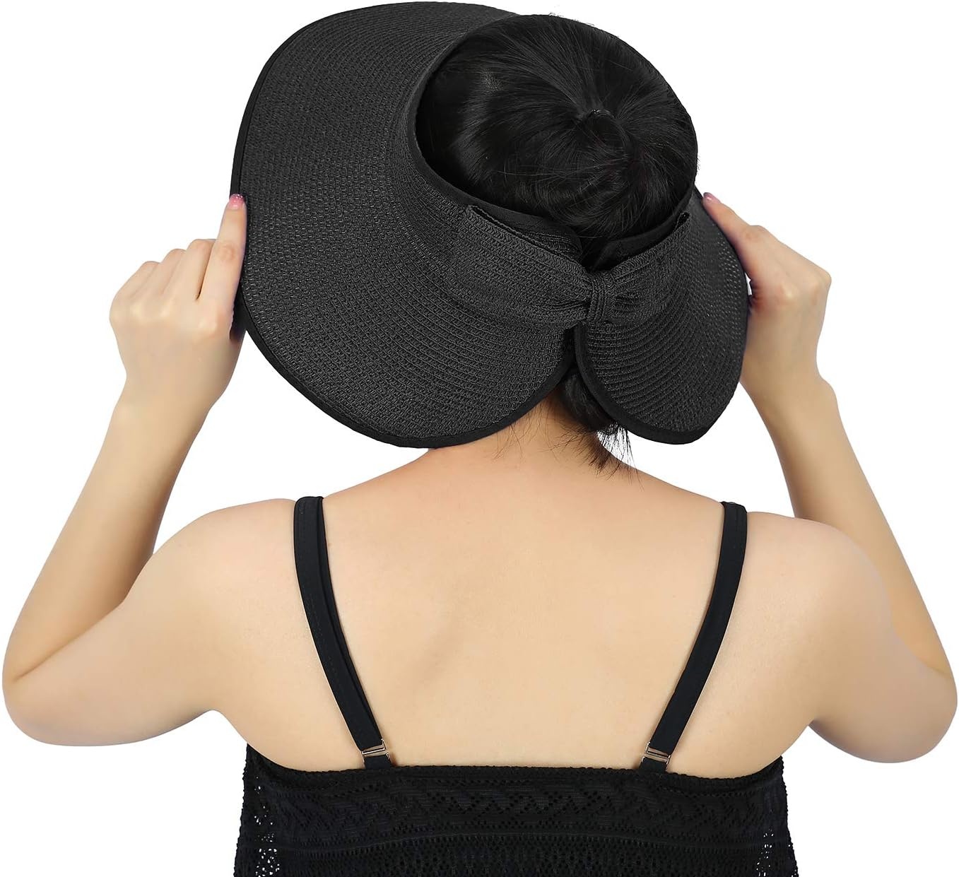 image:imageHDE Sun Visor for Women Roll Up Ponytail Hat Packable Beach Straw Visor Sun HatsBlack
