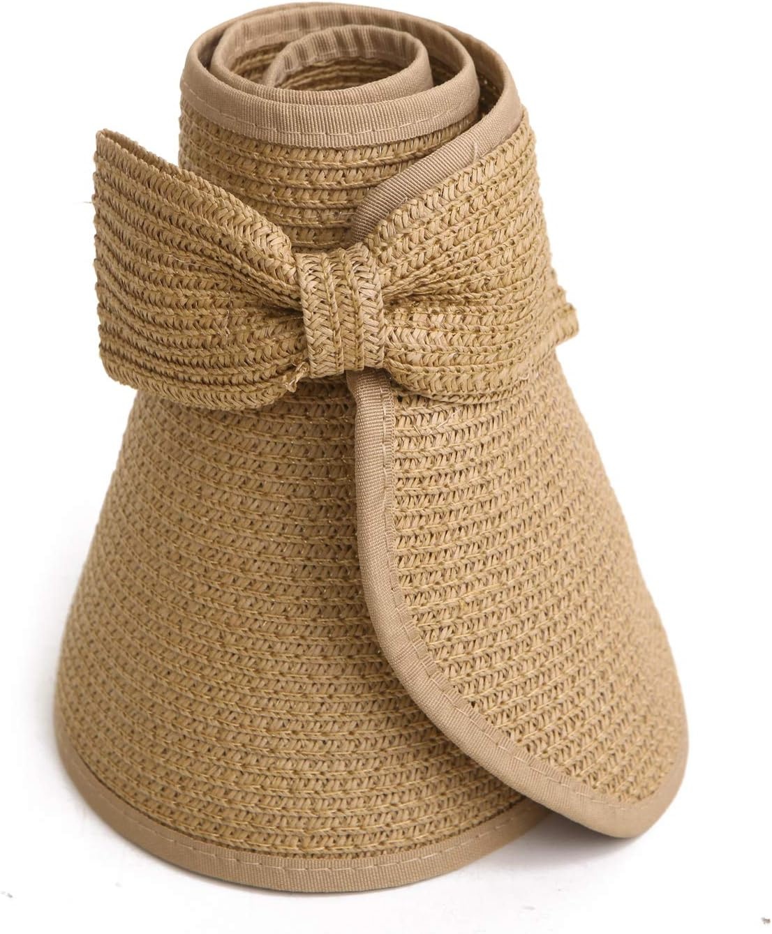 image:imageHDE Sun Visor for Women Roll Up Ponytail Hat Packable Beach Straw Visor Sun HatsBrown