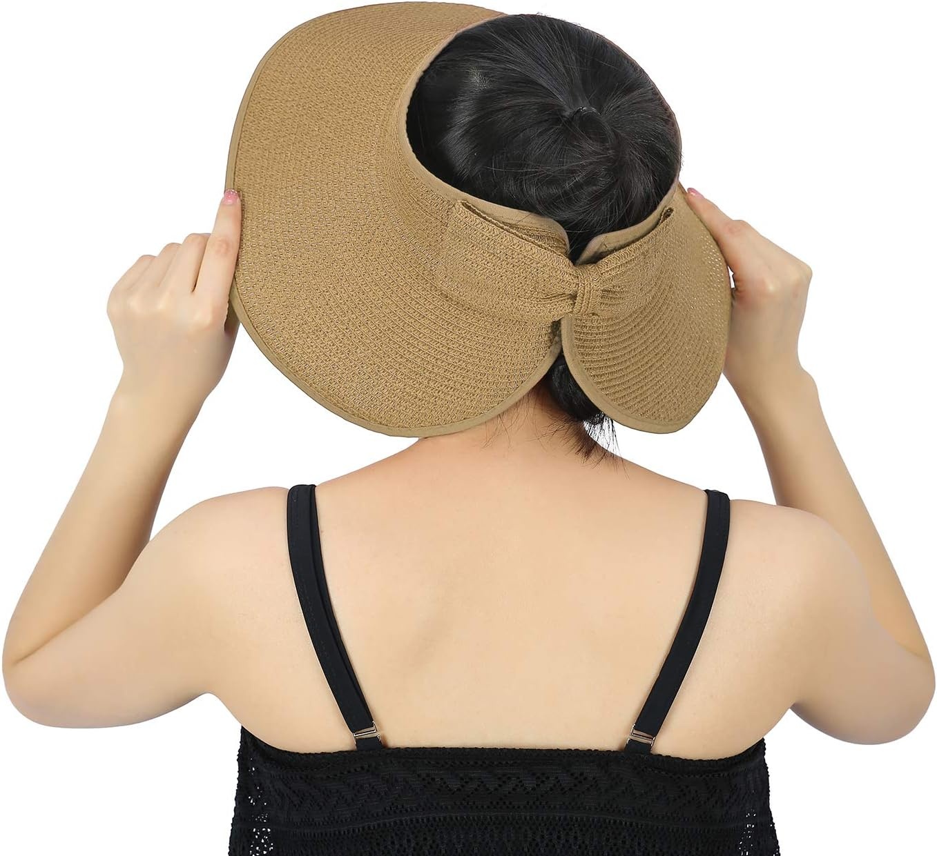 image:imageHDE Sun Visor for Women Roll Up Ponytail Hat Packable Beach Straw Visor Sun HatsBrown