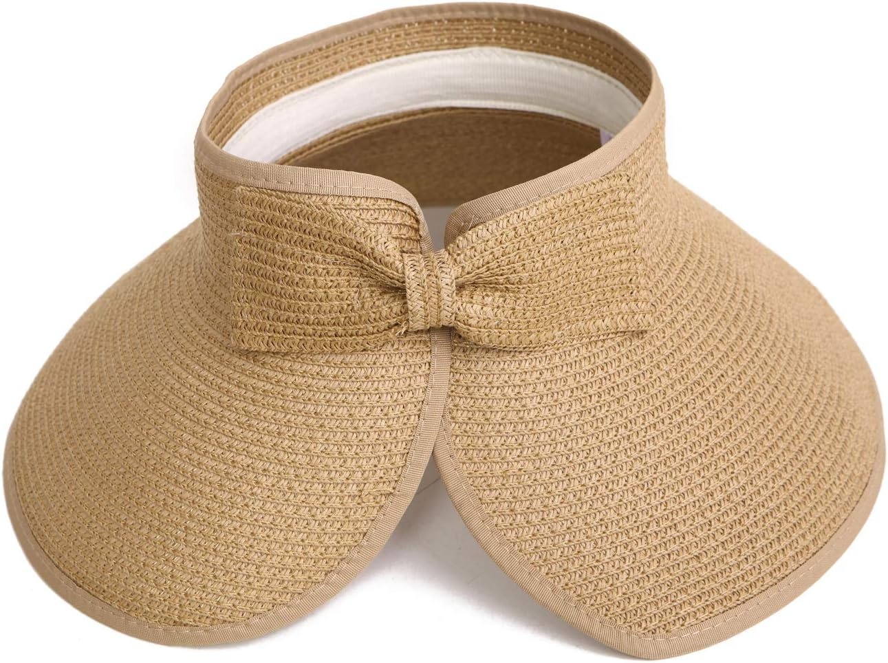 image:imageHDE Sun Visor for Women Roll Up Ponytail Hat Packable Beach Straw Visor Sun HatsBrown