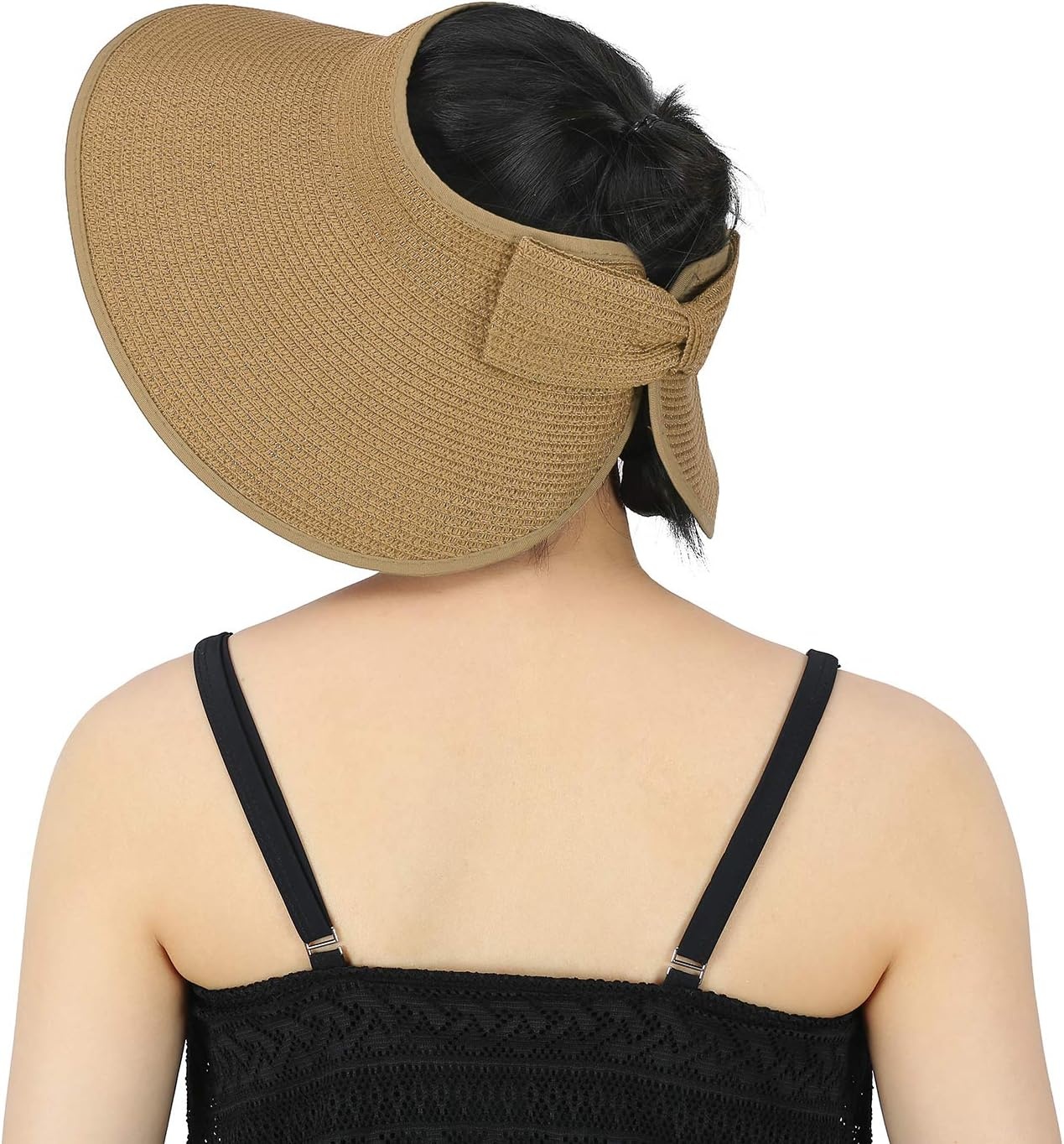 image:imageHDE Sun Visor for Women Roll Up Ponytail Hat Packable Beach Straw Visor Sun HatsBrown