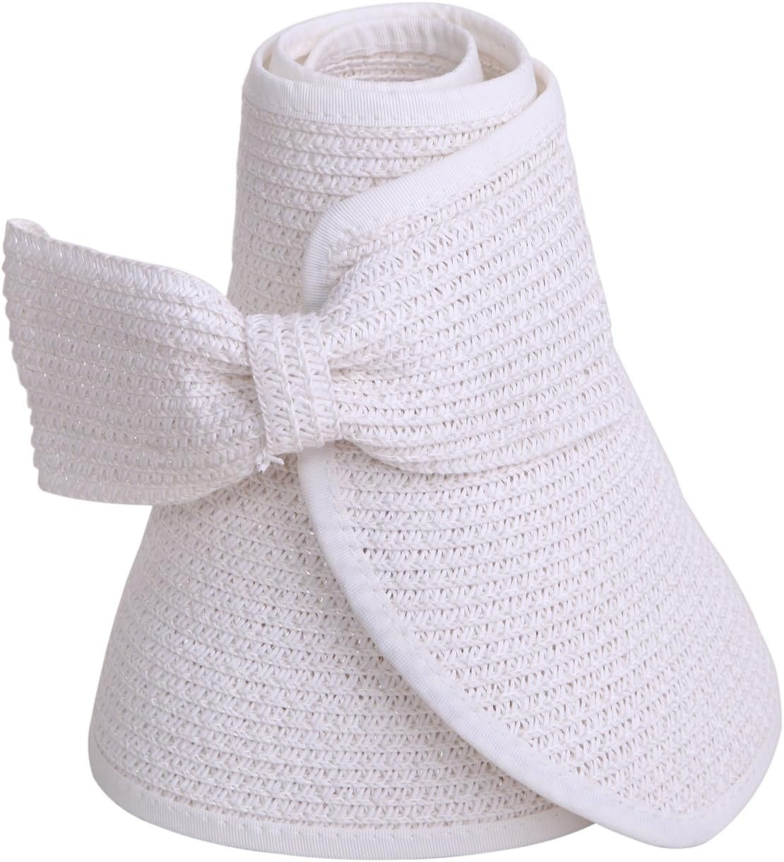 image:imageHDE Sun Visor for Women Roll Up Ponytail Hat Packable Beach Straw Visor Sun HatsWhite