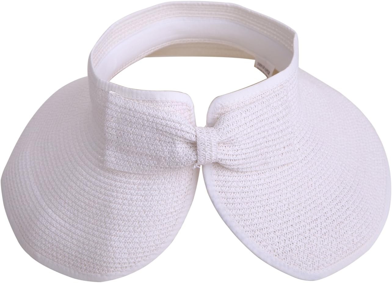 image:imageHDE Sun Visor for Women Roll Up Ponytail Hat Packable Beach Straw Visor Sun HatsWhite