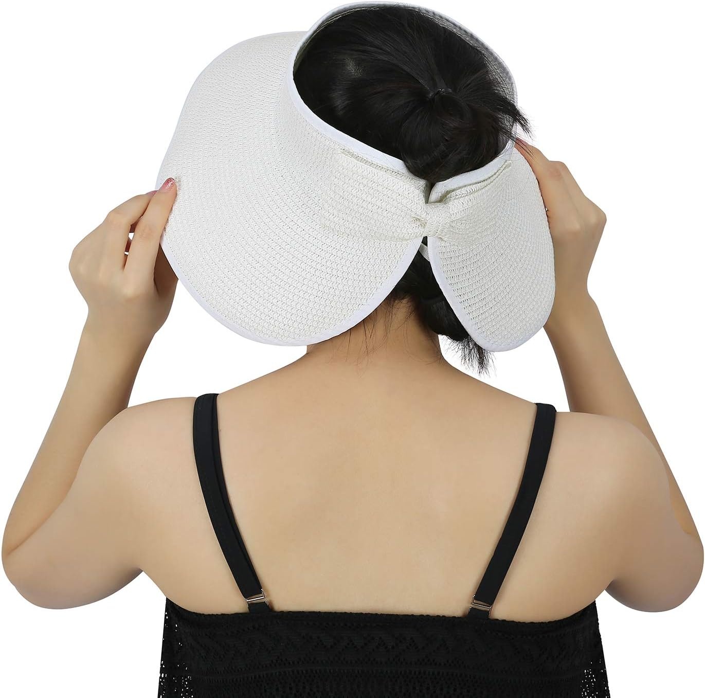 image:imageHDE Sun Visor for Women Roll Up Ponytail Hat Packable Beach Straw Visor Sun HatsWhite