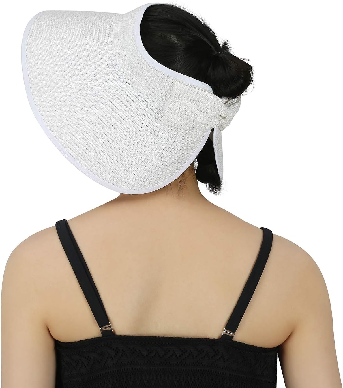 image:imageHDE Sun Visor for Women Roll Up Ponytail Hat Packable Beach Straw Visor Sun HatsWhite