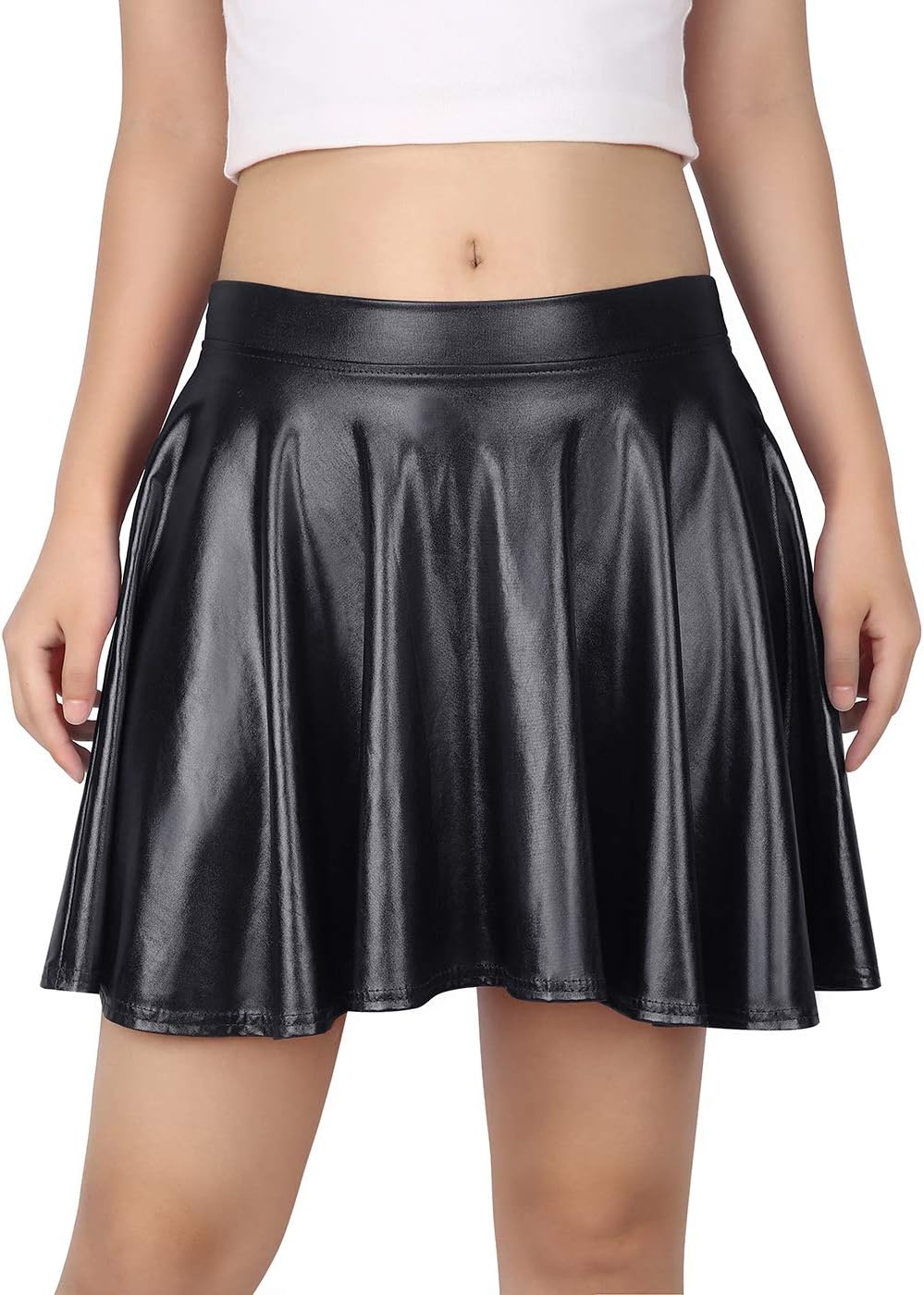 image:imageHDE Womens Casual Fashion Flared Pleated Wet Look ALine Mini Skirts Circle Shiny Stretch High Waist Metallic Skater SkirtBlack