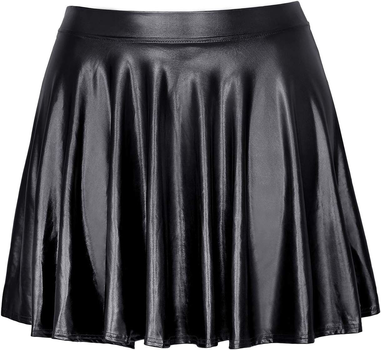 image:imageHDE Womens Casual Fashion Flared Pleated Wet Look ALine Mini Skirts Circle Shiny Stretch High Waist Metallic Skater SkirtBlack