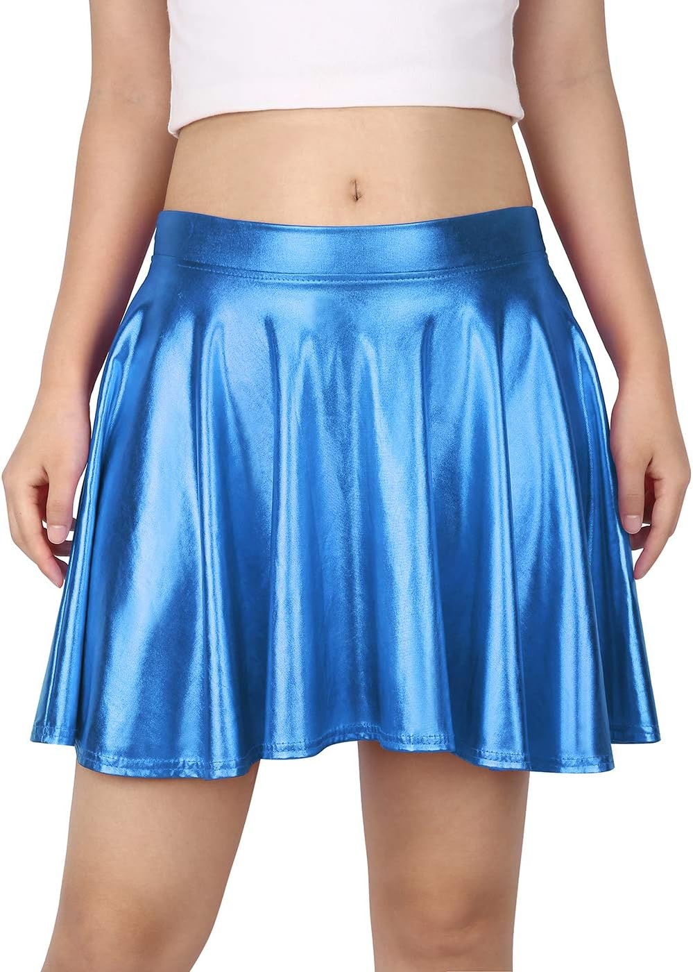 image:imageHDE Womens Casual Fashion Flared Pleated Wet Look ALine Mini Skirts Circle Shiny Stretch High Waist Metallic Skater SkirtBlue