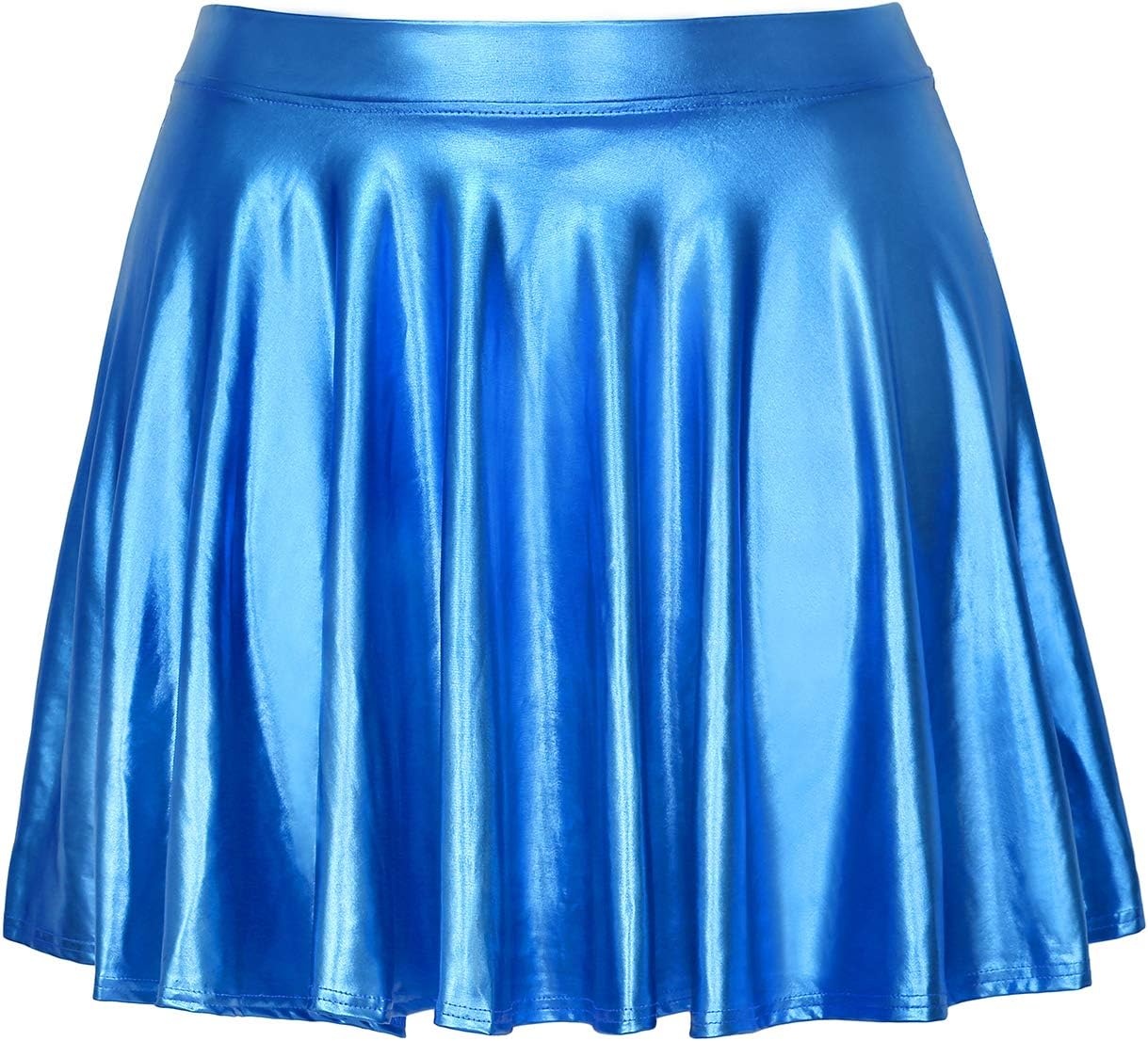 image:imageHDE Womens Casual Fashion Flared Pleated Wet Look ALine Mini Skirts Circle Shiny Stretch High Waist Metallic Skater SkirtBlue