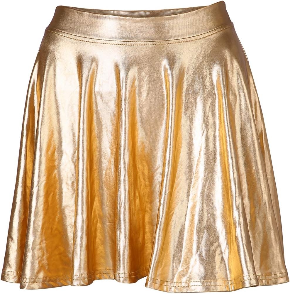 image:imageHDE Womens Casual Fashion Flared Pleated Wet Look ALine Mini Skirts Circle Shiny Stretch High Waist Metallic Skater SkirtGold