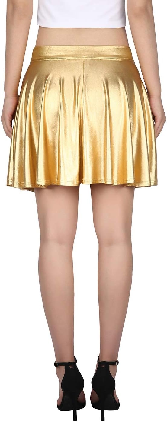 image:imageHDE Womens Casual Fashion Flared Pleated Wet Look ALine Mini Skirts Circle Shiny Stretch High Waist Metallic Skater SkirtGold