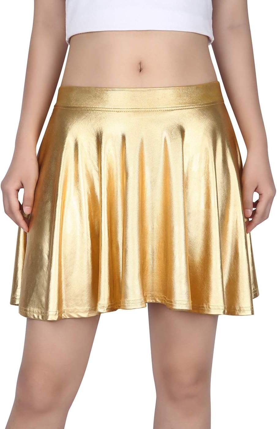 image:imageHDE Womens Casual Fashion Flared Pleated Wet Look ALine Mini Skirts Circle Shiny Stretch High Waist Metallic Skater SkirtGold