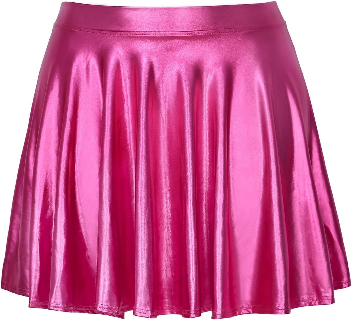 image:imageHDE Womens Casual Fashion Flared Pleated Wet Look ALine Mini Skirts Circle Shiny Stretch High Waist Metallic Skater SkirtHot Pink