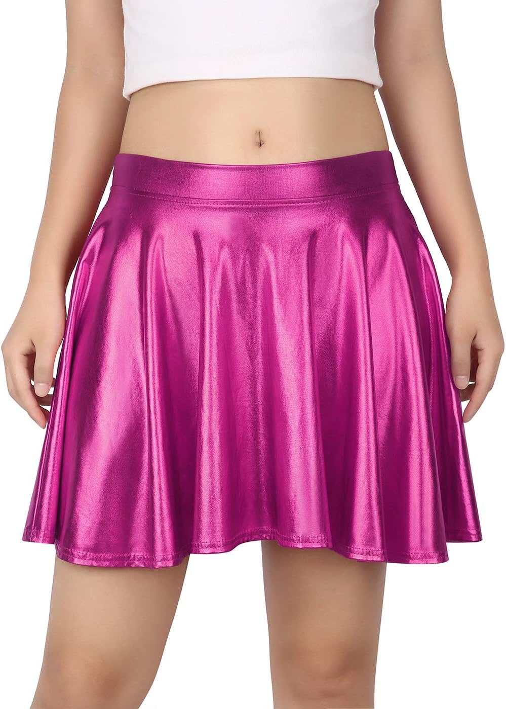 image:imageHDE Womens Casual Fashion Flared Pleated Wet Look ALine Mini Skirts Circle Shiny Stretch High Waist Metallic Skater SkirtHot Pink