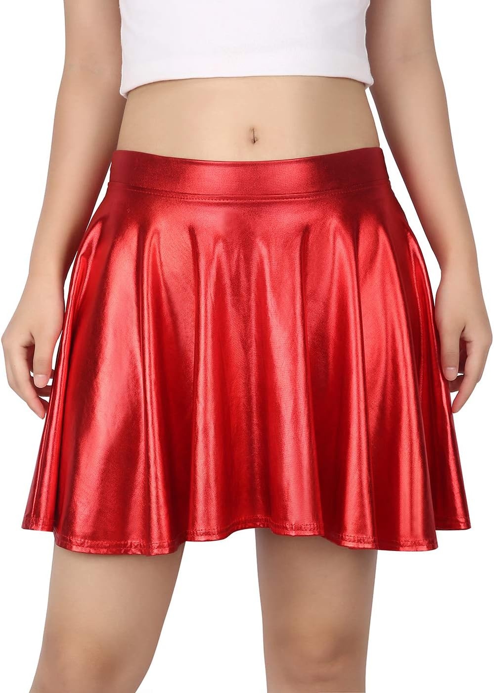 image:imageHDE Womens Casual Fashion Flared Pleated Wet Look ALine Mini Skirts Circle Shiny Stretch High Waist Metallic Skater SkirtRed
