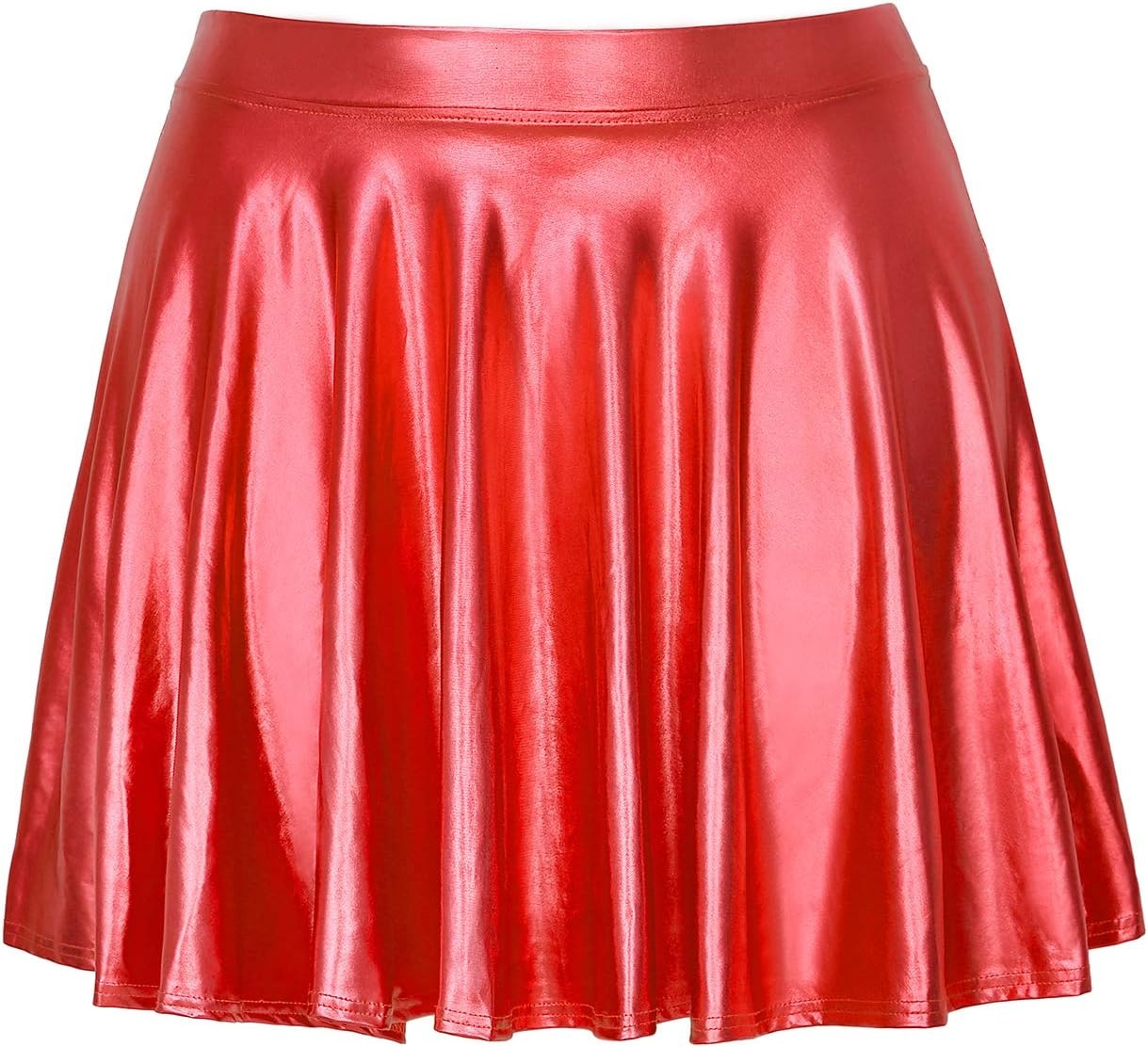 image:imageHDE Womens Casual Fashion Flared Pleated Wet Look ALine Mini Skirts Circle Shiny Stretch High Waist Metallic Skater SkirtRed