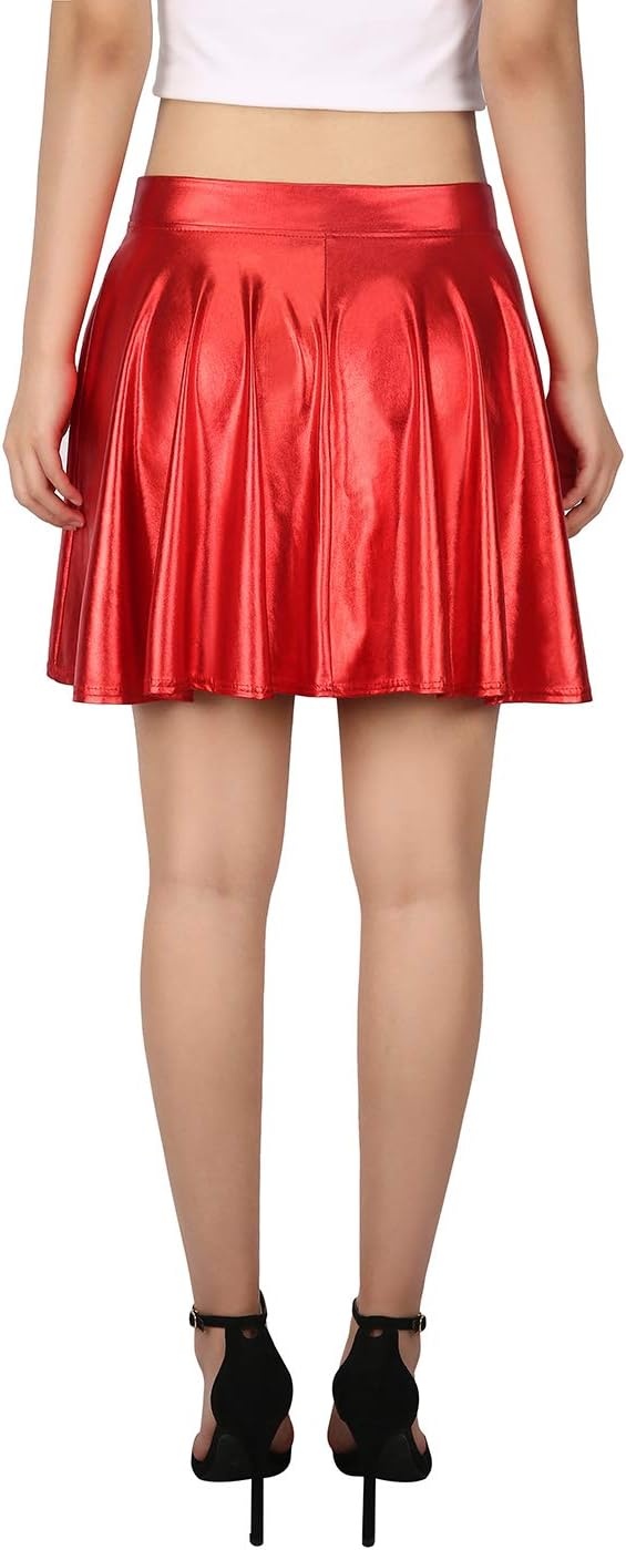 image:imageHDE Womens Casual Fashion Flared Pleated Wet Look ALine Mini Skirts Circle Shiny Stretch High Waist Metallic Skater SkirtRed