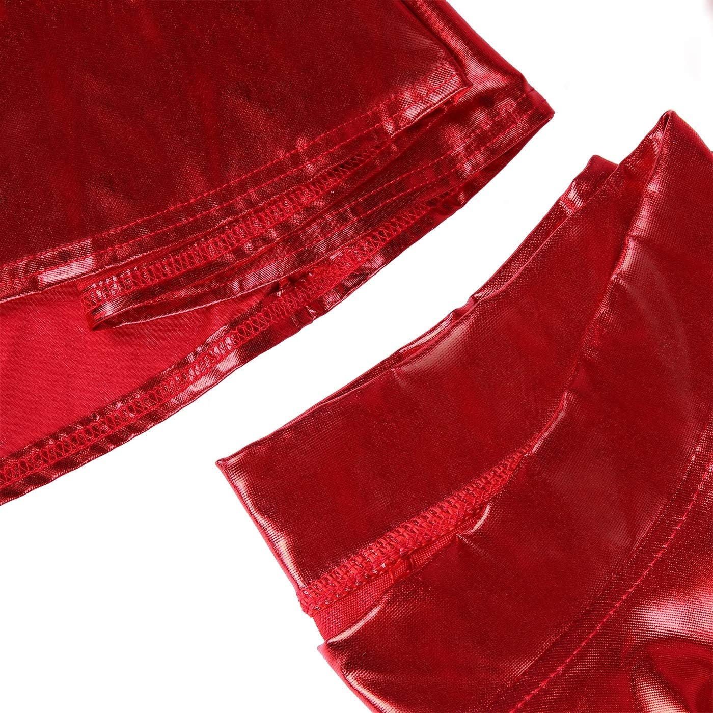 image:imageHDE Womens Casual Fashion Flared Pleated Wet Look ALine Mini Skirts Circle Shiny Stretch High Waist Metallic Skater SkirtRed